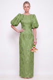 Blush Pink Bodycon Round Neck Floral Puff Sleeves Long Bridesmaid Dress with Slit