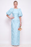 Blush Pink Bodycon Round Neck Floral Puff Sleeves Long Bridesmaid Dress with Slit