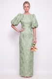 Blush Pink Bodycon Round Neck Floral Puff Sleeves Long Bridesmaid Dress with Slit