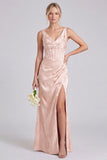 Mermaid Green V-Neck Floral Corset Ruched Long Bridesmaid Dress with Slit
