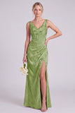 Mermaid Green V-Neck Floral Corset Ruched Long Bridesmaid Dress with Slit