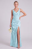 Mermaid Green V-Neck Floral Corset Ruched Long Bridesmaid Dress with Slit