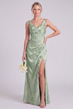 Mermaid Green V-Neck Floral Corset Ruched Long Bridesmaid Dress with Slit