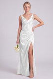 Mermaid Green V-Neck Floral Corset Ruched Long Bridesmaid Dress with Slit