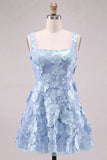A-Line Square Neck Floral Pink Short Cocktail Dress with Appliques