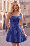 A-Line Square Neck Floral Pink Short Cocktail Dress with Appliques