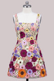 A-Line Square Neck Floral Pink Short Cocktail Dress with Appliques