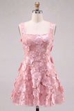 A-Line Square Neck Floral Pink Short Cocktail Dress with Appliques