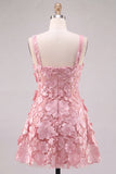 A-Line Square Neck Floral Pink Short Cocktail Dress with Appliques