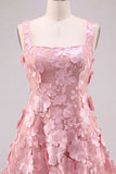 A-Line Square Neck Floral Pink Short Cocktail Dress with Appliques