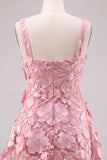 A-Line Square Neck Floral Pink Short Cocktail Dress with Appliques