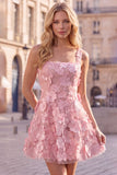 A-Line Square Neck Floral Pink Short Cocktail Dress with Appliques
