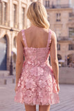 A-Line Square Neck Floral Pink Short Cocktail Dress with Appliques