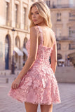 A-Line Square Neck Floral Pink Short Cocktail Dress with Appliques