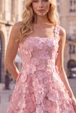 A-Line Square Neck Floral Pink Short Cocktail Dress with Appliques