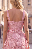 A-Line Square Neck Floral Pink Short Cocktail Dress with Appliques