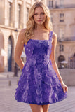 A-Line Square Neck Floral Pink Short Cocktail Dress with Appliques