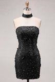 Gold Strapless Sequins Bodycon Short Cocktail Dress with Lace Up Back