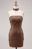Gold Strapless Sequins Bodycon Short Cocktail Dress with Lace Up Back
