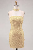 Gold Strapless Sequins Bodycon Short Cocktail Dress with Lace Up Back