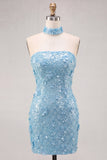Gold Strapless Sequins Bodycon Short Cocktail Dress with Lace Up Back