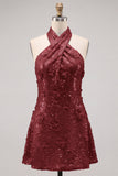 Blue Halter Neck A-Line Floral Short Cocktail Dress with Sequins