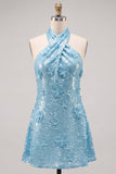 Blue Halter Neck A-Line Floral Short Cocktail Dress with Sequins