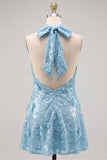 Blue Halter Neck A-Line Floral Short Cocktail Dress with Sequins