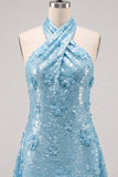 Blue Halter Neck A-Line Floral Short Cocktail Dress with Sequins