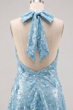 Blue Halter Neck A-Line Floral Short Cocktail Dress with Sequins