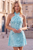 Blue Halter Neck A-Line Floral Short Cocktail Dress with Sequins
