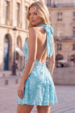 Blue Halter Neck A-Line Floral Short Cocktail Dress with Sequins