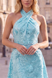 Blue Halter Neck A-Line Floral Short Cocktail Dress with Sequins