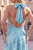 Blue Halter Neck A-Line Floral Short Cocktail Dress with Sequins
