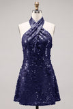 Blue Halter Neck A-Line Floral Short Cocktail Dress with Sequins