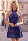 Blue Halter Neck A-Line Floral Short Cocktail Dress with Sequins