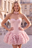 Strapless Rose Corset Bubble Hem Floral A-Line Short Homecoming Dress