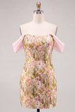 Pink Flower Off the Shoulder Bodycon Short Cocktail Dress