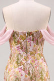 Pink Flower Off the Shoulder Bodycon Short Cocktail Dress