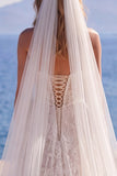 Lace A-Line Strapless White Corset Long Wedding Dress with Veils