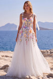 Tulle A-Line Floral White Corset Long Wedding Dress with Appliques