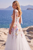 Tulle A-Line Floral White Corset Long Wedding Dress with Appliques