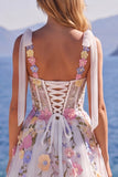 Tulle A-Line Floral White Corset Long Wedding Dress with Appliques