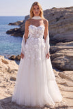 White Tulle A-Line Floral Corset Sweetheart Long Wedding Dress with Appliques