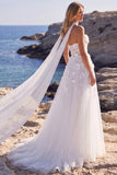 White Tulle A-Line Floral Corset Sweetheart Long Wedding Dress with Appliques