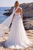 White Tulle A-Line Floral Corset Sweetheart Long Wedding Dress with Appliques