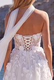 White Tulle A-Line Floral Corset Sweetheart Long Wedding Dress with Appliques
