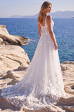 White Tulle A-Line Appliqued Floral Corset Long Wedding Dress