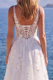 White Tulle A-Line Appliqued Floral Corset Long Wedding Dress