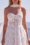 White Corset Tulle A-Line Sweetheart Appliqued Floral Long Wedding Dress